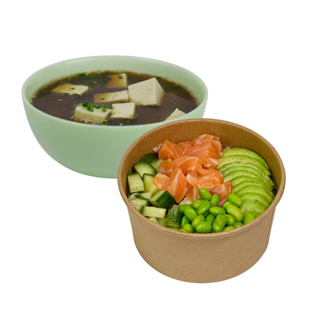Poke z łososiem i Miso z tofu