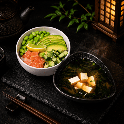 Poke z łososiem i Miso z tofu