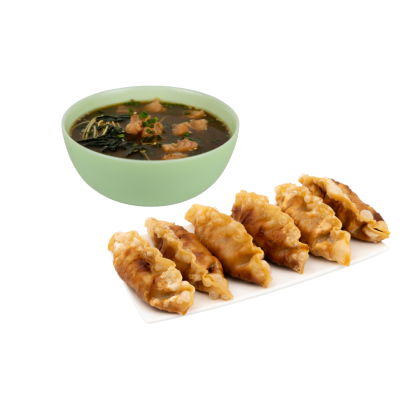 Miso z łososiem i Gyoza z kaczką 6szt.
