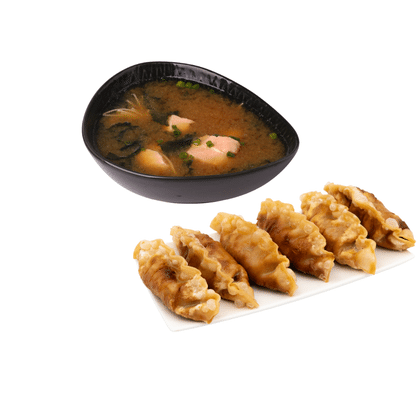 Miso z łososiem i Gyoza z kaczką 6szt.