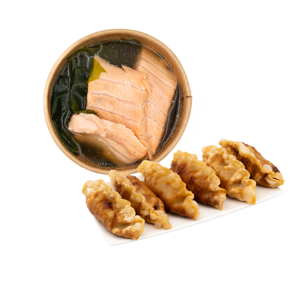 Miso z łososiem i Gyoza z kaczką 6szt.