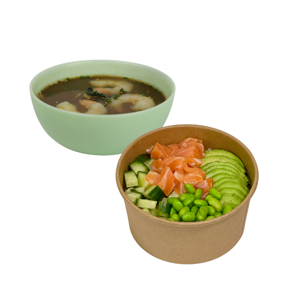 Miso z krewetką i Poke z łososiem